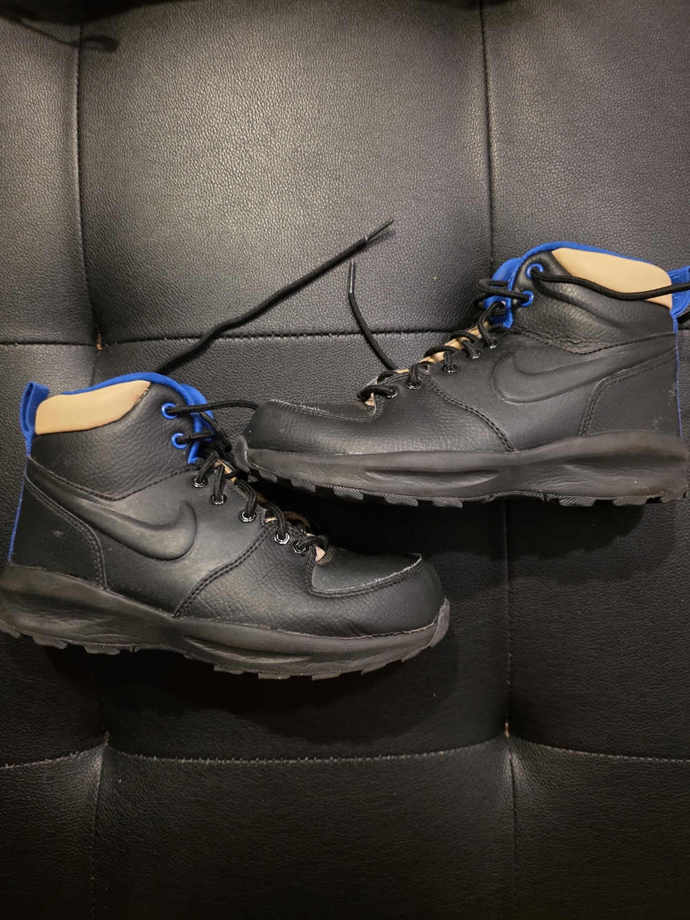 Boy's Nike Black High-Top Leather Boots with Blue And Tan Accents